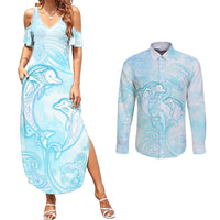 Polynesia Dolphins Under The Sea Couples Matching Summer Maxi Dress and Long Sleeve Button Shirt Simple Style LT05 Baby Blue - Polynesian Pride