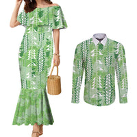 Green Hawaii Tapa Pattern Couples Matching Mermaid Dress and Long Sleeve Button Shirt With Heliconia Vintage Style LT05 Green - Polynesian Pride