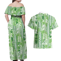 Green Hawaii Tapa Pattern Couples Matching Off Shoulder Maxi Dress and Hawaiian Shirt With Heliconia Vintage Style LT05 - Polynesian Pride
