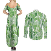 Green Hawaii Tapa Pattern Couples Matching Summer Maxi Dress and Long Sleeve Button Shirt With Heliconia Vintage Style LT05 - Polynesian Pride