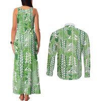 Green Hawaii Tapa Pattern Couples Matching Tank Maxi Dress and Long Sleeve Button Shirt With Heliconia Vintage Style LT05 - Polynesian Pride