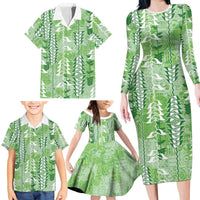 Green Hawaii Tapa Pattern Family Matching Long Sleeve Bodycon Dress and Hawaiian Shirt With Heliconia Vintage Style