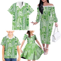 Green Hawaii Tapa Pattern Family Matching Off The Shoulder Long Sleeve Dress and Hawaiian Shirt With Heliconia Vintage Style