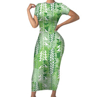 Green Hawaii Tapa Pattern Family Matching Short Sleeve Bodycon Dress and Hawaiian Shirt With Heliconia Vintage Style