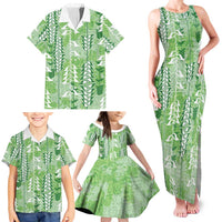 Green Hawaii Tapa Pattern Family Matching Tank Maxi Dress and Hawaiian Shirt With Heliconia Vintage Style