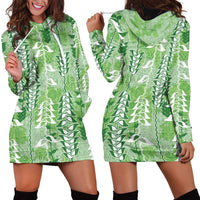 Green Hawaii Tapa Pattern Hoodie Dress With Heliconia Vintage Style LT05 - Polynesian Pride