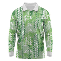 Green Hawaii Tapa Pattern Long Sleeve Polo Shirt With Heliconia Vintage Style LT05 Green - Polynesian Pride