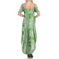 Green Hawaii Tapa Pattern Summer Maxi Dress With Heliconia Vintage Style LT05 - Polynesian Pride
