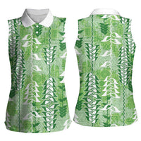 Green Hawaii Tapa Pattern Women Sleeveless Polo Shirt With Heliconia Vintage Style LT05 - Polynesian Pride