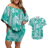 Teal Hawaii Tapa Pattern Couples Matching Off Shoulder Short Dress and Hawaiian Shirt With Heliconia Vintage Style LT05 Teal - Polynesian Pride