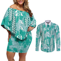 Teal Hawaii Tapa Pattern Couples Matching Off Shoulder Short Dress and Long Sleeve Button Shirt With Heliconia Vintage Style LT05 Teal - Polynesian Pride