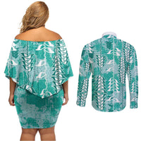 Teal Hawaii Tapa Pattern Couples Matching Off Shoulder Short Dress and Long Sleeve Button Shirt With Heliconia Vintage Style LT05 - Polynesian Pride