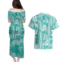 Teal Hawaii Tapa Pattern Couples Matching Puletasi and Hawaiian Shirt With Heliconia Vintage Style LT05 - Polynesian Pride