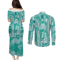 Teal Hawaii Tapa Pattern Couples Matching Puletasi and Long Sleeve Button Shirt With Heliconia Vintage Style LT05 - Polynesian Pride