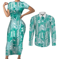 Teal Hawaii Tapa Pattern Couples Matching Short Sleeve Bodycon Dress and Long Sleeve Button Shirt With Heliconia Vintage Style LT05 Teal - Polynesian Pride