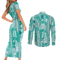 Teal Hawaii Tapa Pattern Couples Matching Short Sleeve Bodycon Dress and Long Sleeve Button Shirt With Heliconia Vintage Style LT05 - Polynesian Pride