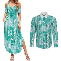 Teal Hawaii Tapa Pattern Couples Matching Summer Maxi Dress and Long Sleeve Button Shirt With Heliconia Vintage Style LT05 Teal - Polynesian Pride