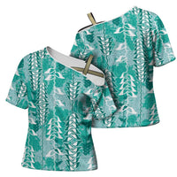 Teal Hawaii Tapa Pattern Cross Shoulder Shirt With Heliconia Vintage Style LT05 - Polynesian Pride