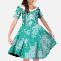 Teal Hawaii Tapa Pattern Family Matching Long Sleeve Bodycon Dress and Hawaiian Shirt With Heliconia Vintage Style