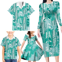 Teal Hawaii Tapa Pattern Family Matching Long Sleeve Bodycon Dress and Hawaiian Shirt With Heliconia Vintage Style