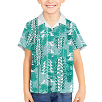 Teal Hawaii Tapa Pattern Family Matching Long Sleeve Bodycon Dress and Hawaiian Shirt With Heliconia Vintage Style