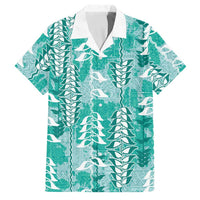 Teal Hawaii Tapa Pattern Family Matching Mermaid Dress and Hawaiian Shirt With Heliconia Vintage Style