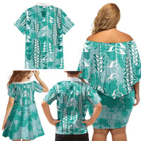 Teal Hawaii Tapa Pattern Family Matching Off Shoulder Short Dress and Hawaiian Shirt With Heliconia Vintage Style