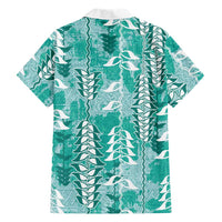 Teal Hawaii Tapa Pattern Family Matching Off Shoulder Short Dress and Hawaiian Shirt With Heliconia Vintage Style