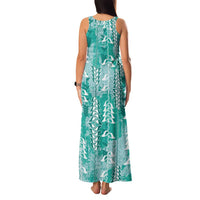 Teal Hawaii Tapa Pattern Family Matching Tank Maxi Dress and Hawaiian Shirt With Heliconia Vintage Style