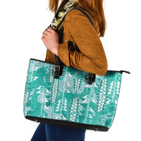 Teal Hawaii Tapa Pattern Leather Tote Bag With Heliconia Vintage Style LT05 Teal - Polynesian Pride
