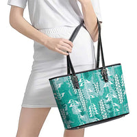 Teal Hawaii Tapa Pattern Leather Tote Bag With Heliconia Vintage Style LT05 - Polynesian Pride