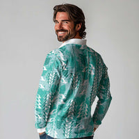 Teal Hawaii Tapa Pattern Long Sleeve Polo Shirt With Heliconia Vintage Style LT05 - Polynesian Pride
