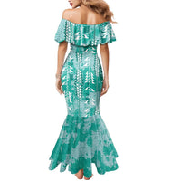Teal Hawaii Tapa Pattern Mermaid Dress With Heliconia Vintage Style LT05 - Polynesian Pride