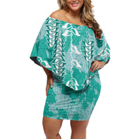 Teal Hawaii Tapa Pattern Off Shoulder Short Dress With Heliconia Vintage Style LT05 Women Teal - Polynesian Pride