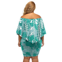 Teal Hawaii Tapa Pattern Off Shoulder Short Dress With Heliconia Vintage Style LT05 - Polynesian Pride