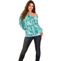 Teal Hawaii Tapa Pattern Off Shoulder Sweater With Heliconia Vintage Style LT05 - Polynesian Pride