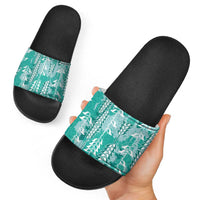 Teal Hawaii Tapa Pattern Slide Sandals With Heliconia Vintage Style LT05 - Polynesian Pride