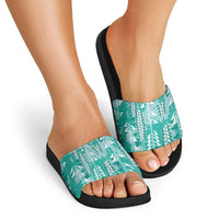 Teal Hawaii Tapa Pattern Slide Sandals With Heliconia Vintage Style LT05 - Polynesian Pride