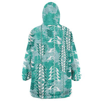 Teal Hawaii Tapa Pattern Wearable Blanket Hoodie With Heliconia Vintage Style LT05 - Polynesian Pride