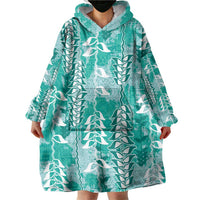 Teal Hawaii Tapa Pattern Wearable Blanket Hoodie With Heliconia Vintage Style LT05 - Polynesian Pride