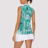 Teal Hawaii Tapa Pattern Women Sleeveless Polo Shirt With Heliconia Vintage Style LT05 - Polynesian Pride