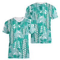 Teal Hawaii Tapa Pattern Women V-Neck T-Shirt With Heliconia Vintage Style LT05 - Polynesian Pride