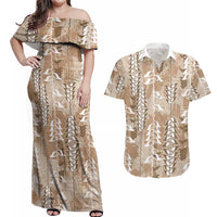 Beige Hawaii Tapa Pattern Couples Matching Off Shoulder Maxi Dress and Hawaiian Shirt With Heliconia Vintage Style LT05 Beige - Polynesian Pride