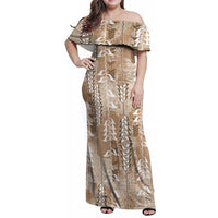Beige Hawaii Tapa Pattern Family Matching Off Shoulder Maxi Dress and Hawaiian Shirt With Heliconia Vintage Style