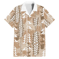 Beige Hawaii Tapa Pattern Family Matching Off Shoulder Short Dress and Hawaiian Shirt With Heliconia Vintage Style