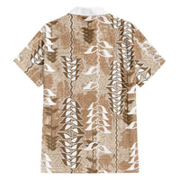 Beige Hawaii Tapa Pattern Family Matching Off Shoulder Short Dress and Hawaiian Shirt With Heliconia Vintage Style