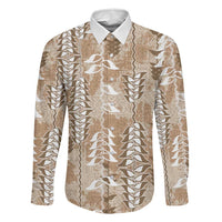 Beige Hawaii Tapa Pattern Family Matching Off Shoulder Short Dress and Hawaiian Shirt With Heliconia Vintage Style
