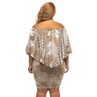 Beige Hawaii Tapa Pattern Family Matching Off Shoulder Short Dress and Hawaiian Shirt With Heliconia Vintage Style