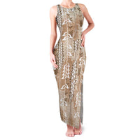 Beige Hawaii Tapa Pattern Family Matching Tank Maxi Dress and Hawaiian Shirt With Heliconia Vintage Style