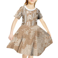Beige Hawaii Tapa Pattern Kid Short Sleeve Dress With Heliconia Vintage Style LT05 - Polynesian Pride